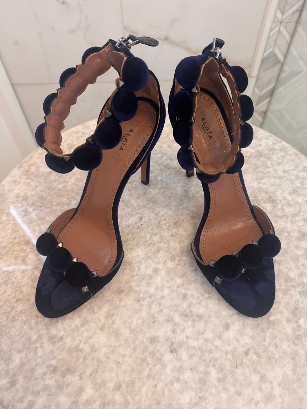 Alaia Navy Satin Pom-Pom Ankle-Strap Heels - Picture 7 of 16